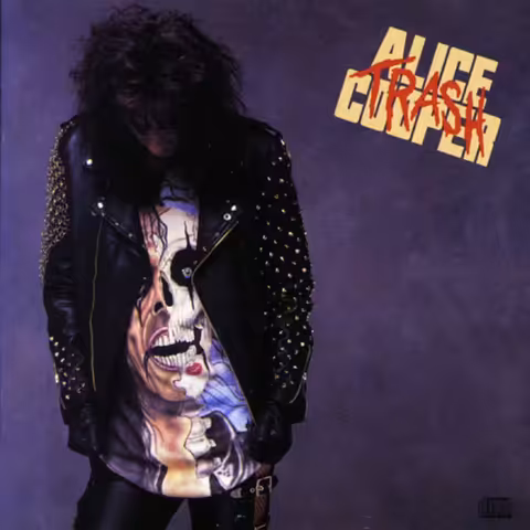 Front cover of Alice Cooper's 1989 album Trash, the singer in black leather against a stark black background with the title scrawled in red.