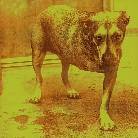 Front cover of Alice in Chains, the faxed three-legged-dog image tinted yellow that gave the 1995 album its informal nickname Tripod.