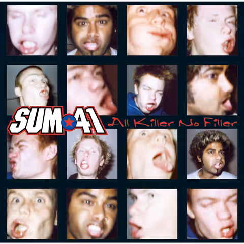 Front cover of All Killer No Filler: a four-by-four grid of flash-lit snapshots of the members of Sum 41 gurning, tongues out and eyes crossed, on a near-black background, with the band's white and red logo and the album title scrawled in red across the middle.