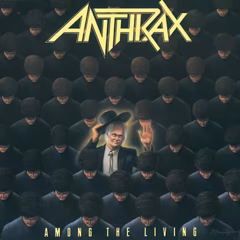 Front cover of Anthrax Among the Living showing Don Brautigam painting of a hooded figure rising above a faceless crowd.