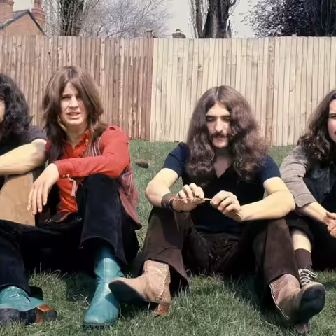 An early Black Sabbath promo photograph of Iommi, Osbourne, Butler and Ward outside their first manager Jim Simpson's house in Edgbaston, Birmingham, around 1969.