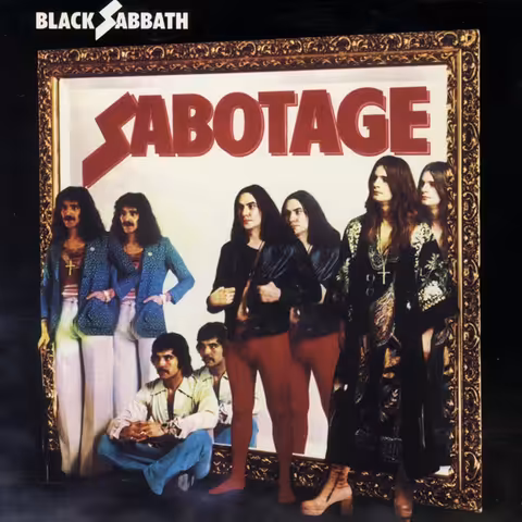 Front cover of Black Sabbath's Sabotage, the 2014 remaster artwork showing the band members in a mirrored composition shot at Morgan Studios in 1975.