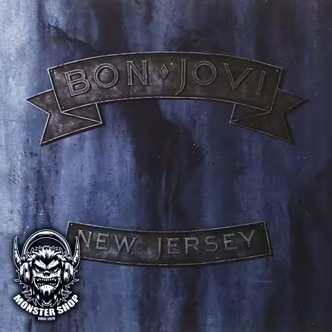 Front cover of New Jersey by Bon Jovi: a moody black-and-white portrait of the five band members photographed by Cameron Wong, with the band and album titles set in plain white type.