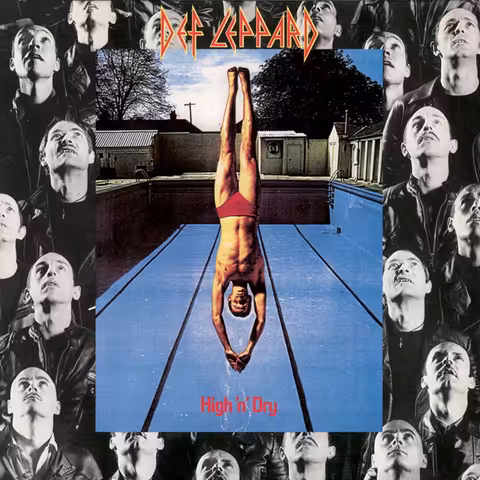 Front cover of Def Leppard's 1981 album High 'n' Dry, designed by Hipgnosis: a figure poised on a diving board above an empty swimming pool.