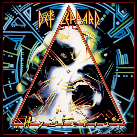 Front cover of Hysteria by Def Leppard, showing Andie Airfix's stylised face surrounded by interlocking geometric panels