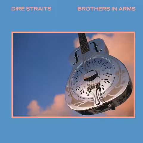 Front cover of Dire Straits' Brothers in Arms: a pale blue square sleeve with DIRE STRAITS and BROTHERS IN ARMS in salmon-pink capitals across the top, above a pink-bordered photograph of a metal resonator guitar seen from below at an angle, floating against a blue sky with pink-tinged clouds.