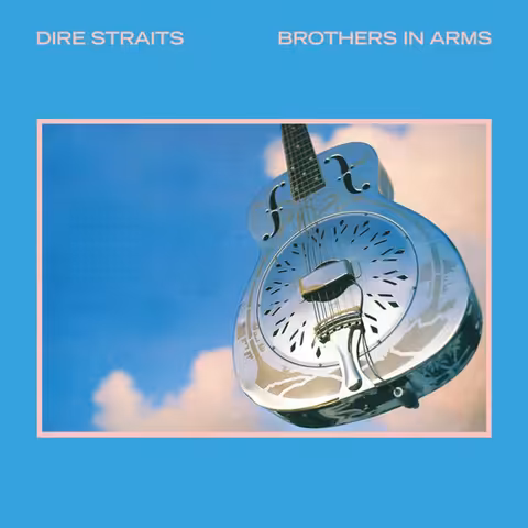 Front cover of Brothers in Arms by Dire Straits, showing Mark Knopfler's 1937 National Style O Resonator guitar floating against a cloudy blue sky, photographed by Deborah Feingold.