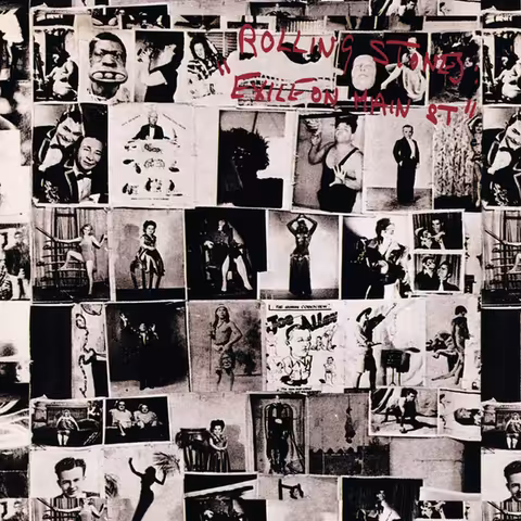 Front cover of Exile on Main St. by The Rolling Stones, Robert Frank's black-and-white sideshow collage from his 1958 photobook The Americans.