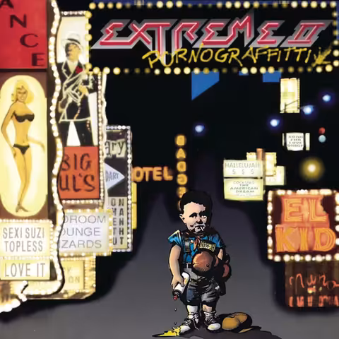 Front cover of Extreme II: Pornograffitti, a cartoon panel collage in the comic-book style designed by Ioannis/Third Image around the album's narrative.