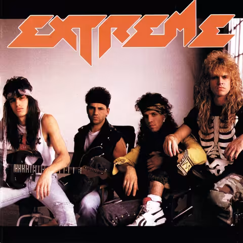 Front cover of Extreme's 1989 self-titled debut album: a moody group portrait of Gary Cherone, Nuno Bettencourt, Pat Badger and Paul Geary in leather jackets and big eighties hair, with the band's hand-drawn EXTREME logo across the top.