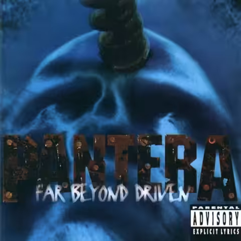 Front cover of Far Beyond Driven by Pantera, showing the iconic drill bit boring into a human skull artwork by Dean Karr.