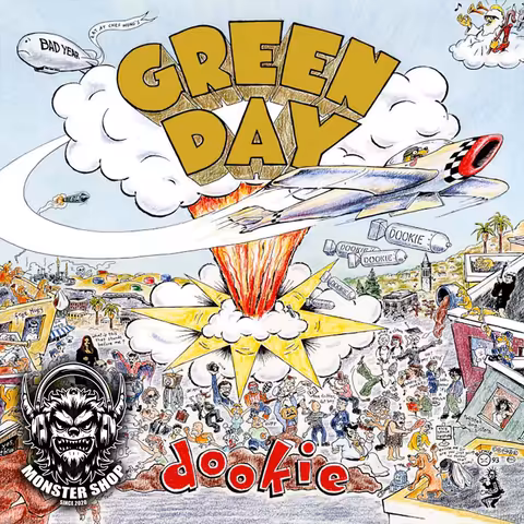 Front cover of Dookie by Green Day, illustrated by East Bay artist Richie Bucher, showing dogs and monkeys flinging excrement across a cartoon Telegraph Avenue in Berkeley as a mushroom cloud bearing the band's name rises in the centre.