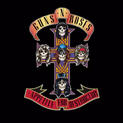 Front cover of Appetite for Destruction by Guns N' Roses, showing the Bill White Jr. Celtic cross with five skulls representing the band members on a black background.