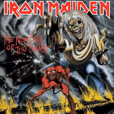 Remastered front cover of Iron Maiden's The Number of the Beast, with Derek Riggs's painting of Eddie pulling the strings of a horned devil who is himself manipulating a smaller Eddie.
