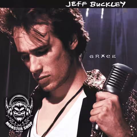 Merri Cyr's cover photograph of Jeff Buckley for Grace: head tilted back, eyes closed, microphone in hand, wearing a thrift-store women's sequinned jacket.
