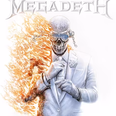 Front cover of Megadeth's self-titled 2026 album: the band's mascot Vic Rattlehead engulfed in flames against a white background, the artwork that has earned the record the nickname the White Album.