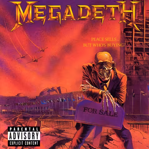 Front cover of Peace Sells... but Who's Buying? showing Ed Repka's painting of Vic Rattlehead as a real estate agent in front of a ruined United Nations headquarters.