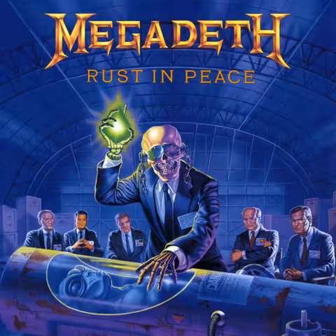 Cover art for Rust in Peace by Megadeth, illustrated by Ed Repka in 1990, showing Vic Rattlehead in a cryogenic chamber observed by world leaders.