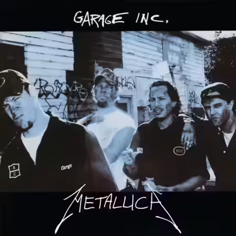Front cover of Metallica's 1998 covers compilation Garage Inc., a monochrome Anton Corbijn portrait of the band dressed as garage mechanics.