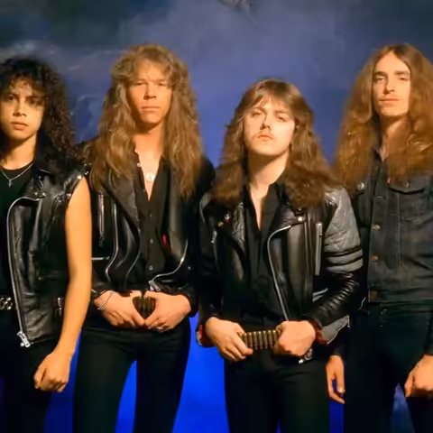 Metallica promotional photograph of the current lineup: James Hetfield, Lars Ulrich, Kirk Hammett and Robert Trujillo.