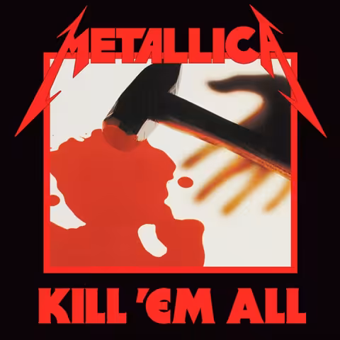 Front cover of Metallica's Kill 'Em All showing a pool of blood and a bloodied stonemason's hammer, with the band's red logo above and the album title below on a black background.