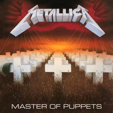 Front cover of Metallica's Master of Puppets (1986), painted by Don Brautigam from a James Hetfield sketch: a field of white crosses tethered by strings to a pair of hands in a blood-red sky.