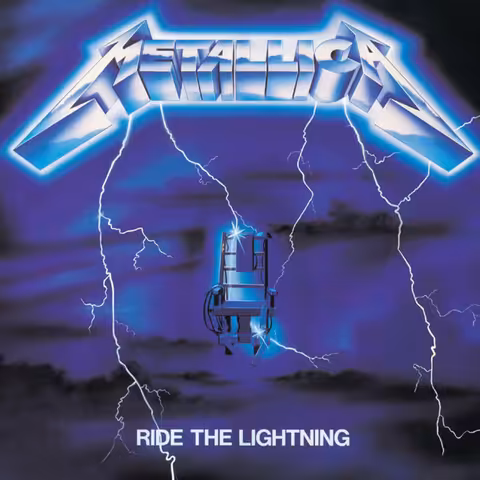 Front cover of Metallica's Ride the Lightning showing an electric chair suspended in mid-air and struck by blue lightning bolts against a black background.