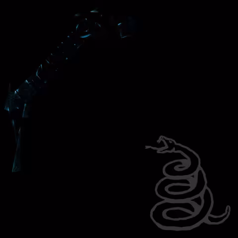 Front cover of Metallica's 1991 self-titled album: an almost entirely black square with the band's logo barely visible at an angle in the top left corner and a grey outline of a coiled, open-mouthed snake in the bottom right.
