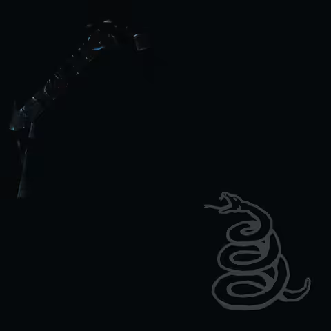 Sleeve of Metallica's self-titled 1991 album, the band logo embossed in the top-left corner of an all-black field with a coiled Gadsden-flag snake in the bottom-right.