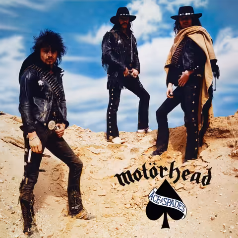 Front cover of Motörhead's Ace of Spades, with Lemmy, Fast Eddie Clarke and Philthy Animal Taylor dressed as cowboys in a desert tableau, by Joe Petagno from a photo session by Alan Ballard at a sandpit near Barnet.