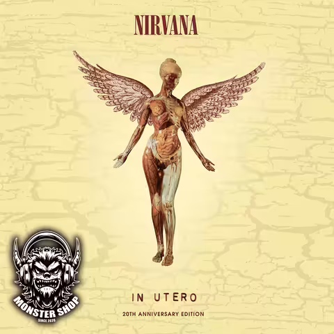 Front cover of In Utero by Nirvana, featuring a Transparent Anatomical Manikin with superimposed angel wings against a black background, designed by Robert Fisher with art direction by Kurt Cobain.