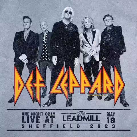 Sleeve art for Def Leppard One Night Only Live at The Leadmill, a black field with the band name, album title and a stage-lit live photograph from the 19 May 2023 Sheffield show.