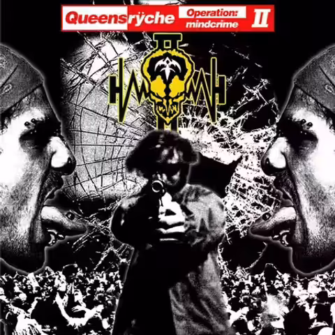 Front cover of Operation: Mindcrime II, showing the Queensryche Tri-Ryche logo above the cracked face of protagonist Nikki.