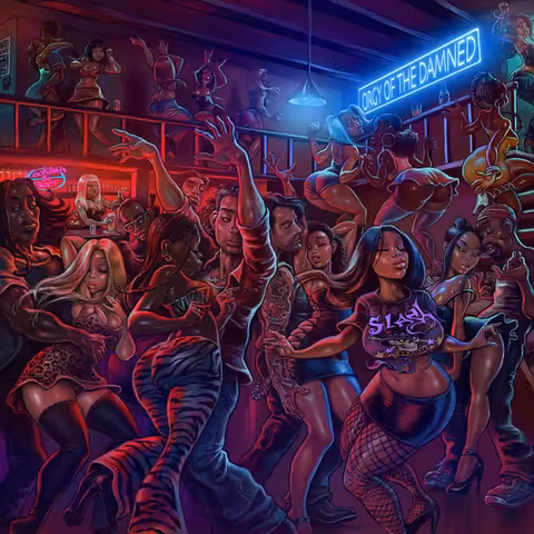Album cover of Orgy of the Damned by Slash, showing a neon-lit crowd of dancers, the guitarist's 2024 blues covers record on Gibson.