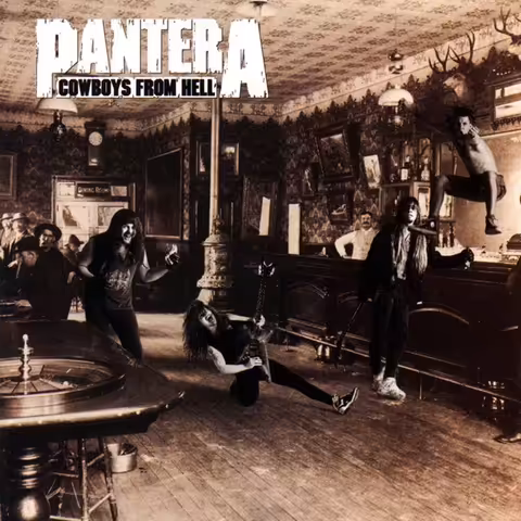 Front cover of Pantera's Cowboys From Hell, the band superimposed on a 1910 photograph of the Cosmopolitan Saloon in Telluride, Colorado.