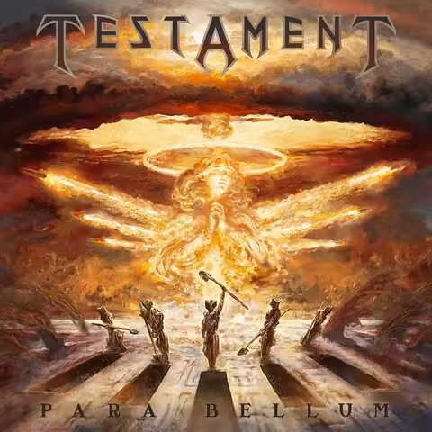 Cover artwork for Testament's fourteenth studio album Para Bellum (2025), painted by Eliran Kantor: a dark, classically composed battle scene shot through with the album title and Testament logo.
