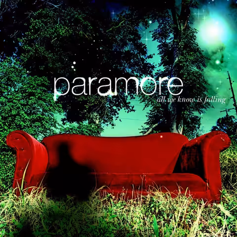 Front cover of All We Know Is Falling by Paramore, showing a red couch in a woodland clearing with a shadow walking away from it.