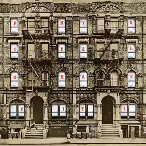 Front cover of Physical Graffiti by Led Zeppelin: a die-cut photograph of two five-storey tenement buildings at 96 and 98 St Mark's Place in New York's East Village.