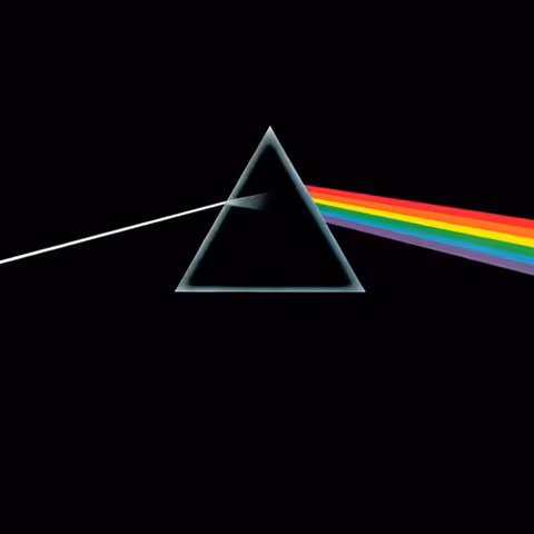 Hipgnosis sleeve for Pink Floyd's The Dark Side of the Moon showing a beam of white light entering a triangular prism and emerging as a six-band spectrum.