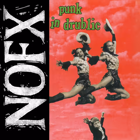 Front cover of Punk in Drublic: a black panel with the NOFX logo turned on its side, next to two cut-out cowgirls leaping across a hot pink sky.