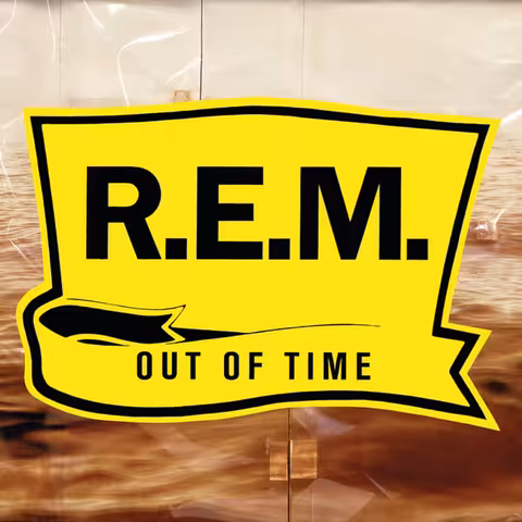 Front cover of R.E.M.'s 1991 album Out of Time, featuring Doug and Mike Starn's photograph Yellow Seascape with Film and Wood Blocks behind a large rounded title banner.