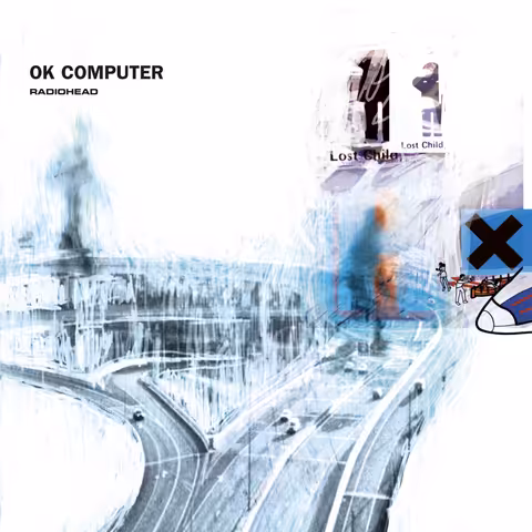 Front cover of OK Computer: a scratched, washed-out collage in white and pale blue showing a motorway interchange with cars on curving roads, two blurred human figures, 'Lost Child' signs with pictograms in the top right, a blue box marked with a black X and tiny stick figures at the right edge. OK COMPUTER and RADIOHEAD are printed in black in the top left corner.