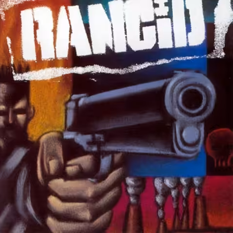 Black-and-white photograph of Tim Armstrong, Matt Freeman and Brett Reed used on the cover of Rancid's 1993 self-titled debut.