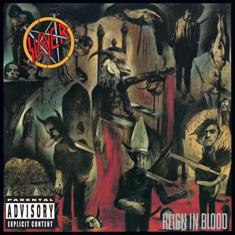 Front cover of Slayer's Reign in Blood, Larry Carroll's pen-and-ink illustration of an enthroned demonic figure carried above a sea of severed heads.