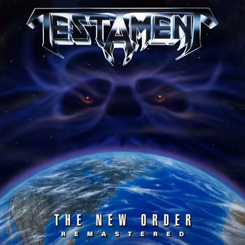 Front cover of Testament's 1988 album The New Order, showing the band's gothic logo above a stark monochrome graphic illustration.