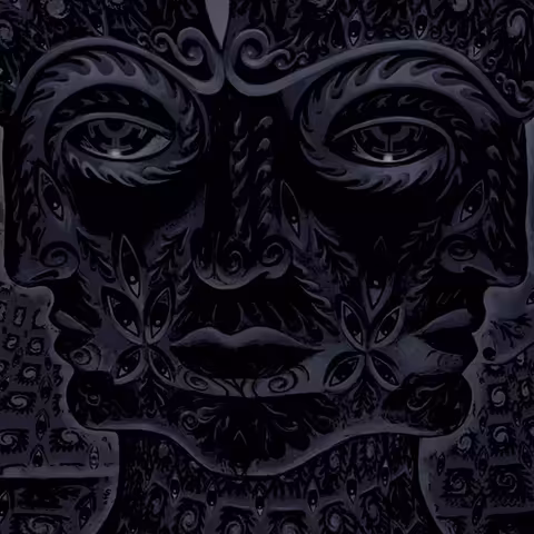 Front cover of Tool's 2006 album 10,000 Days, an Alex Grey illustration described by the artist as a blazing vision of an infinite grid of Godheads from an ayahuasca journey, rendered in red, orange and gold. The physical CD packaging carries a flap with two large 3D stereoscopic lenses placed over the eyes.