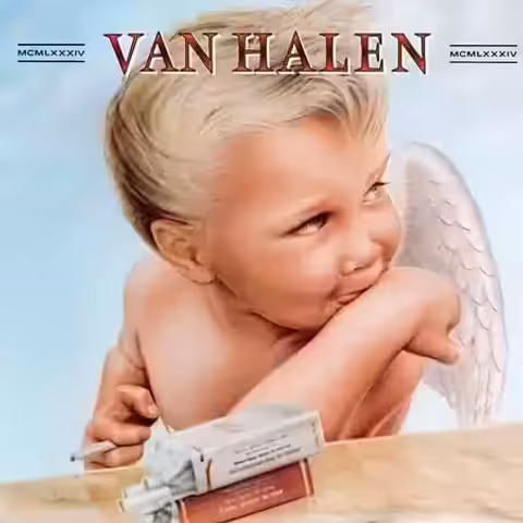 Cover painting of 1984 by Van Halen showing a cherubic putto on a cloud holding a cigarette.
