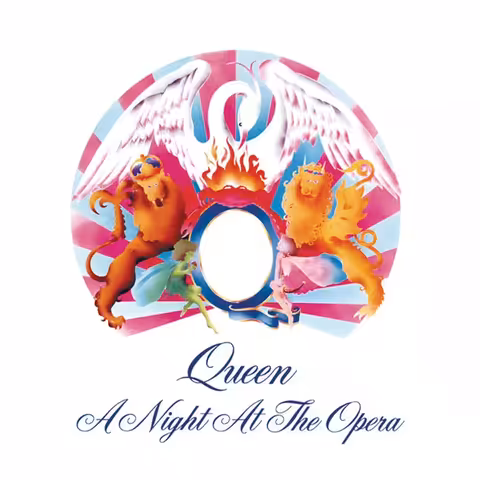 Front cover of the 2011 EMI/Universal remaster of Queen's A Night at the Opera, showing the gilded Queen crest designed by Freddie Mercury on a white background.