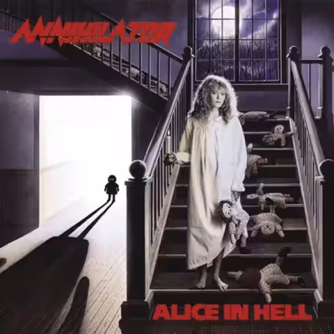 Album cover artwork for Alice in Hell by Annihilator, designed by Len Rooney, depicting a screaming Alison-like figure under the Annihilator logo against a stark red background.