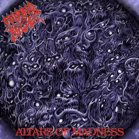 Front cover of Morbid Angel's 1989 debut album Altars of Madness, painted by Dan Seagrave, showing demonic figures emerging from a fossilised disk